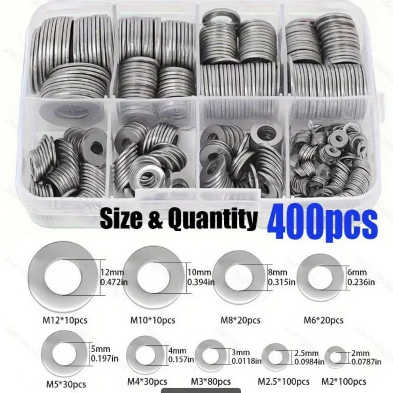 400Pcs Flat Washer Gasket Set – M2 to M12 Assorted Anti-Slip Sealing Washers Combo Kit in Storage Box for DIY & Repair Use