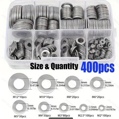 400Pcs Flat Washer Gasket Set – M2 to M12 Assorted Anti-Slip Sealing Washers Combo Kit in Storage Box for DIY & Repair Use