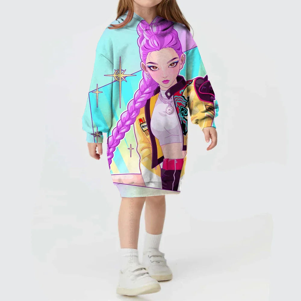 KPop Demon Hunters Hoodie Dress — Rumi Cute Cartoon Sweatshirt Pullover for Girls, Long Sleeve Autumn Y2K Sportswear