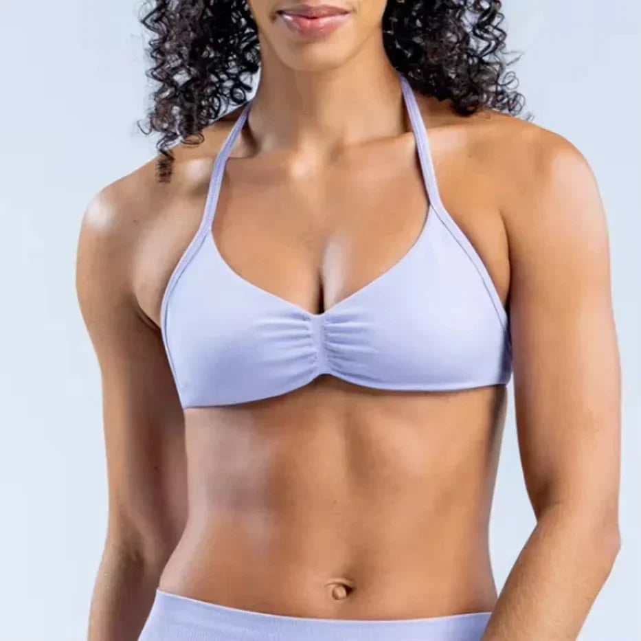 Impact Strappy Bra with Logo – Seamless Halterneck Yoga Top, Padded Gym Crop & Light Support Sports Bra