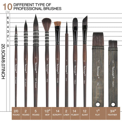 Dainayw 10-Piece Watercolor Brush Set – Organic Blue Squirrel & Horse Hair Mop Brushes for Acrylic, Watercolor, and Multi-Function Painting