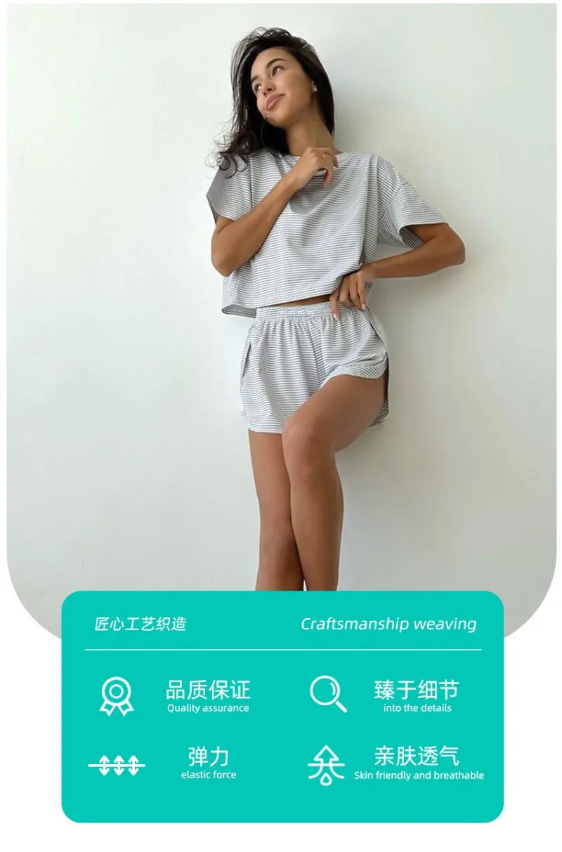 Women's Stripe 2-Piece Pajamas Set – Short Sleeve Top & Shorts Casual Sleepwear