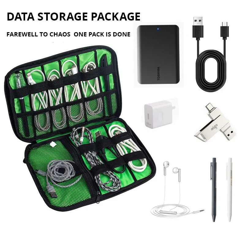Black & Green Portable Storage Bag – Waterproof Electronic Accessory Organizer for USB Cables, Chargers & Travel