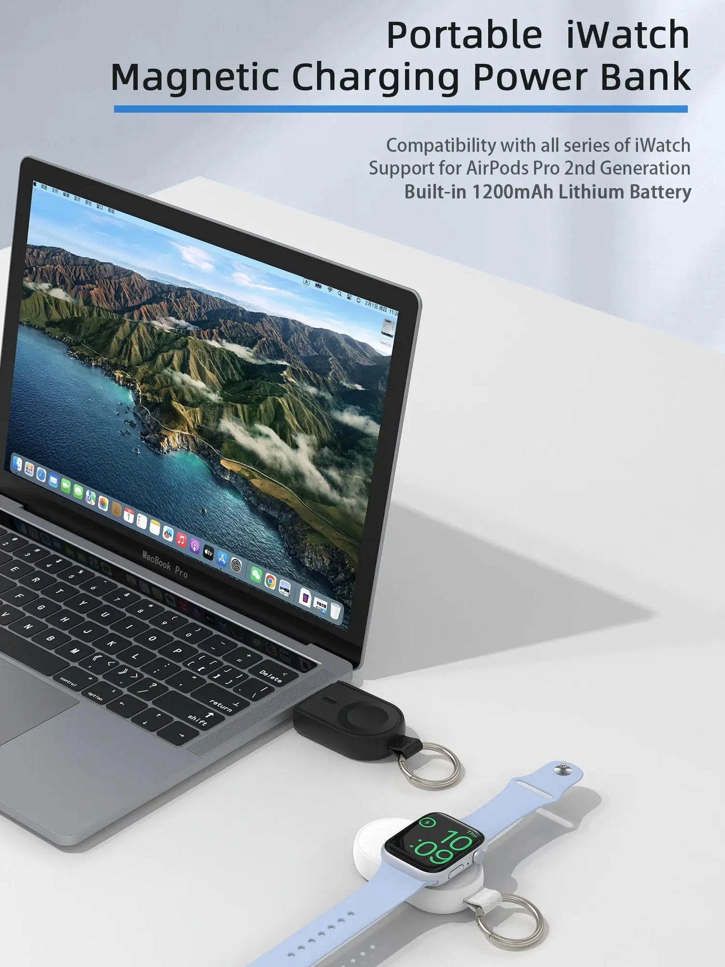 Wireless Power Bank Charger — Compatible with iWatch Series 1–9, SE, Ultra & AirPods Pro 2nd Gen, Easy Plug Recharge