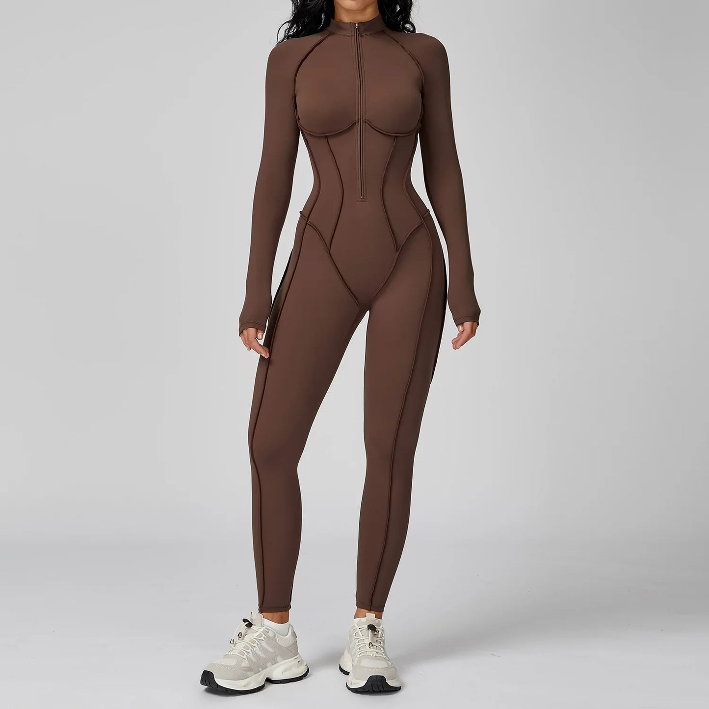 Women’s Long Sleeve Yoga Bodysuit Jumpsuit – Zip-Up Gym Tracksuit One-Piece Fitness Outfit for High-Intensity Workout & Training