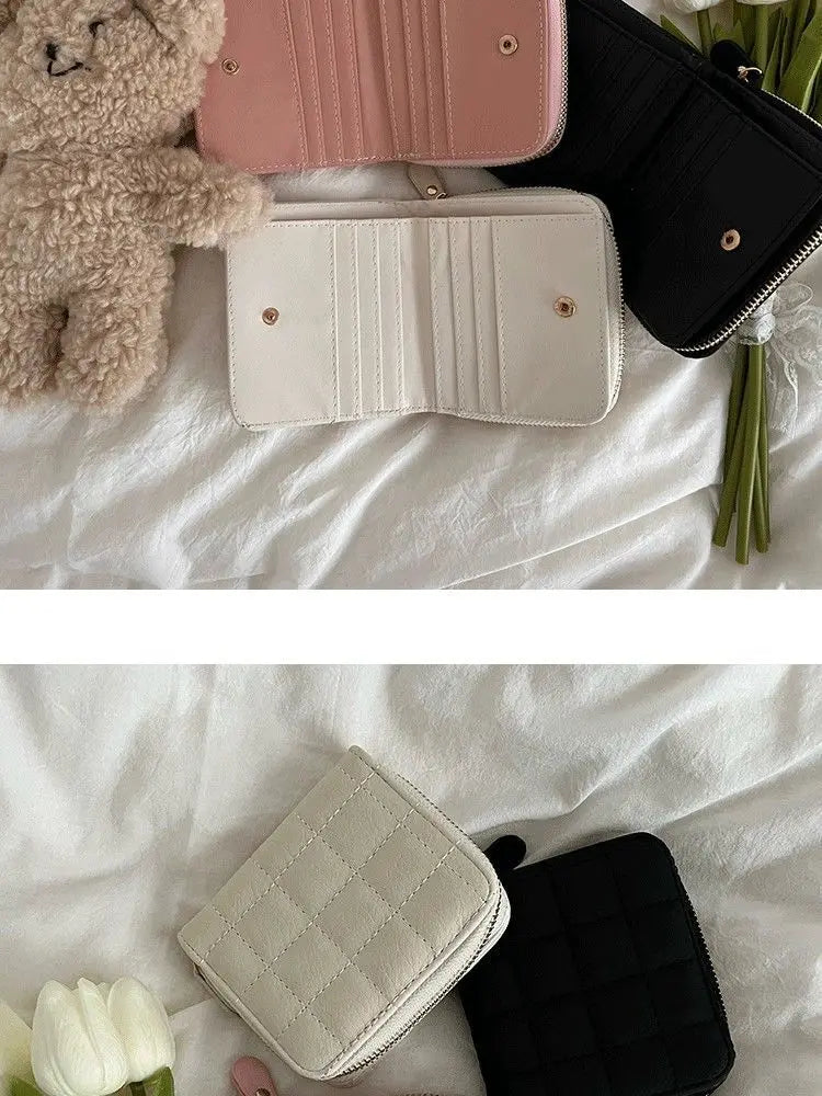 Women’s Small PU Leather Zipper Wallet with Coin Purse – Cute Plaid Mini Korean Card Holder, New Arrival