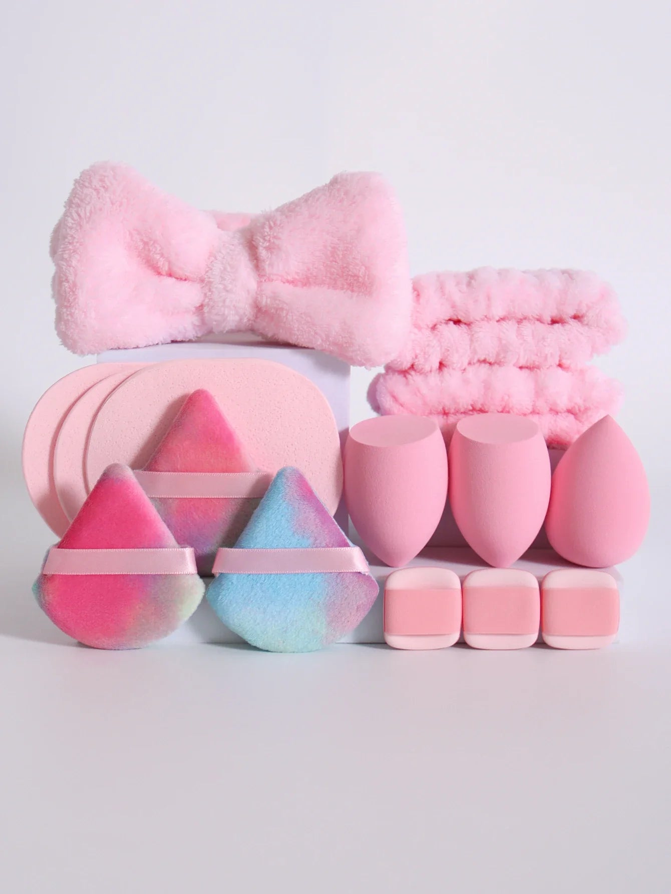 15Pcs Multi-Colored Fluffy Headband & Makeup Sponge Set - Sweet Style Beauty Essentials