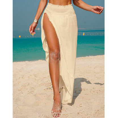 Women’s Irregular Hem Beach Cover-Up Skirt – Solid Color Side Slit Transparent Half Skirt, Casual Vacation Style