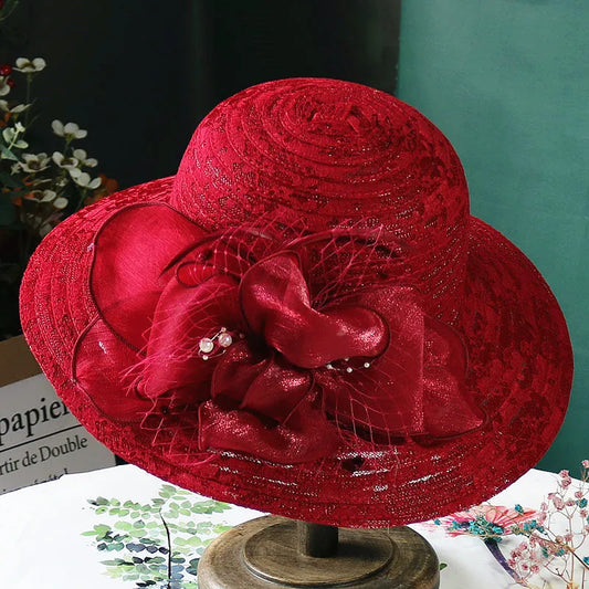 Women’s Elegant Mesh Sun Hat – Pearl Flower Foldable Beach Hat with Large Brim, Lace & Breathable Design for Spring and Summer