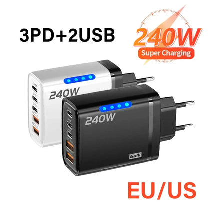 240W 5-in-1 GaN Fast Desktop Charger – USB-C Quick Charge 3.0 Adapter for iPhone Samsung Huawei