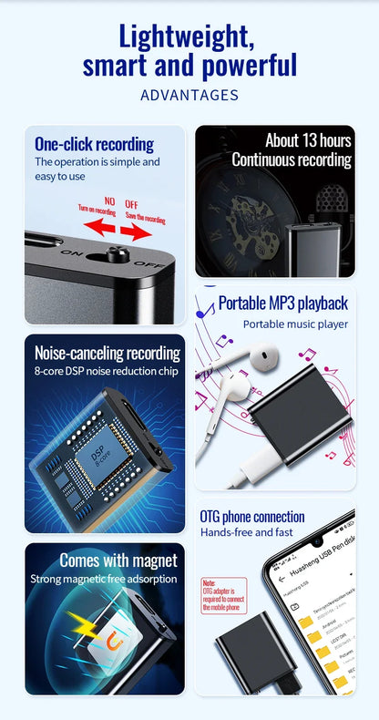 Mini Portable Voice Recorder – Intelligent Voice-Activated HD Audio Recorder with Noise Reduction, MP3 Player, Magnet & OTG