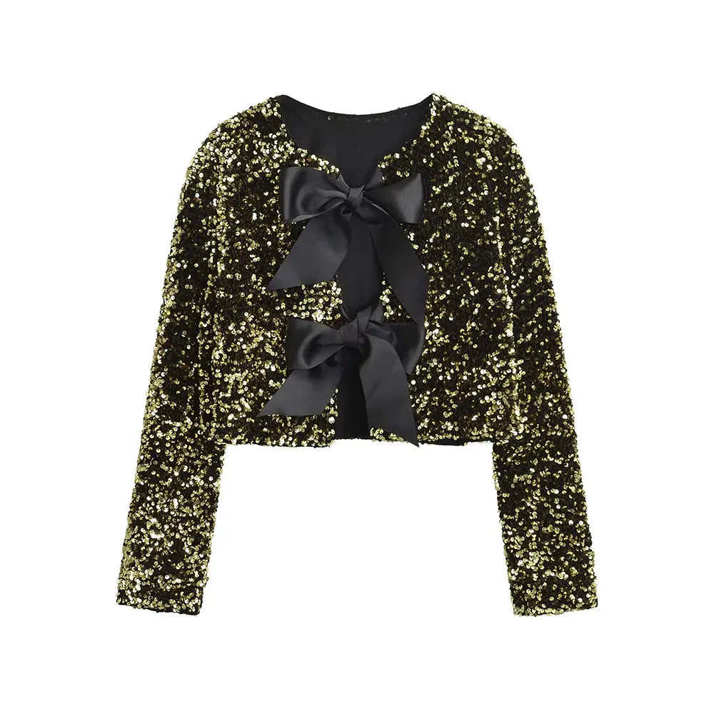 TRAF Women's Sequin Cropped Jacket – Long Sleeve O-Neck Coat with Bow Tie, Chic Outerwear Top