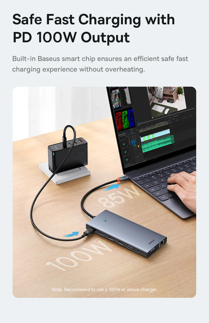 Baseus 13-in-1 USB-C Hub – HDMI, DP 4K 60Hz, RJ45, VGA, PD 100W, USB-A Adapter for MacBook & PC