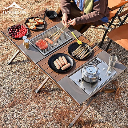 Hispeed Outdoor Camping Folding IGT Table – Multifunctional Wood Table with Gas Stove for BBQ, Picnic & Camp Grill