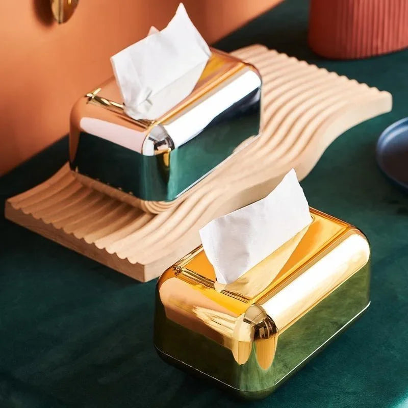 Luxury Golden Tissue Box – Desktop Napkin Holder & Paper Organizer for Home, Kitchen & Office