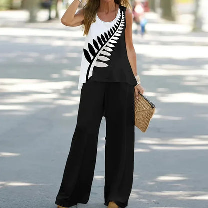 Women Printed 2-Piece Summer Suit Set – Sleeveless Round Neck Top & Wide Leg Pants Casual Loose Fit Outfit