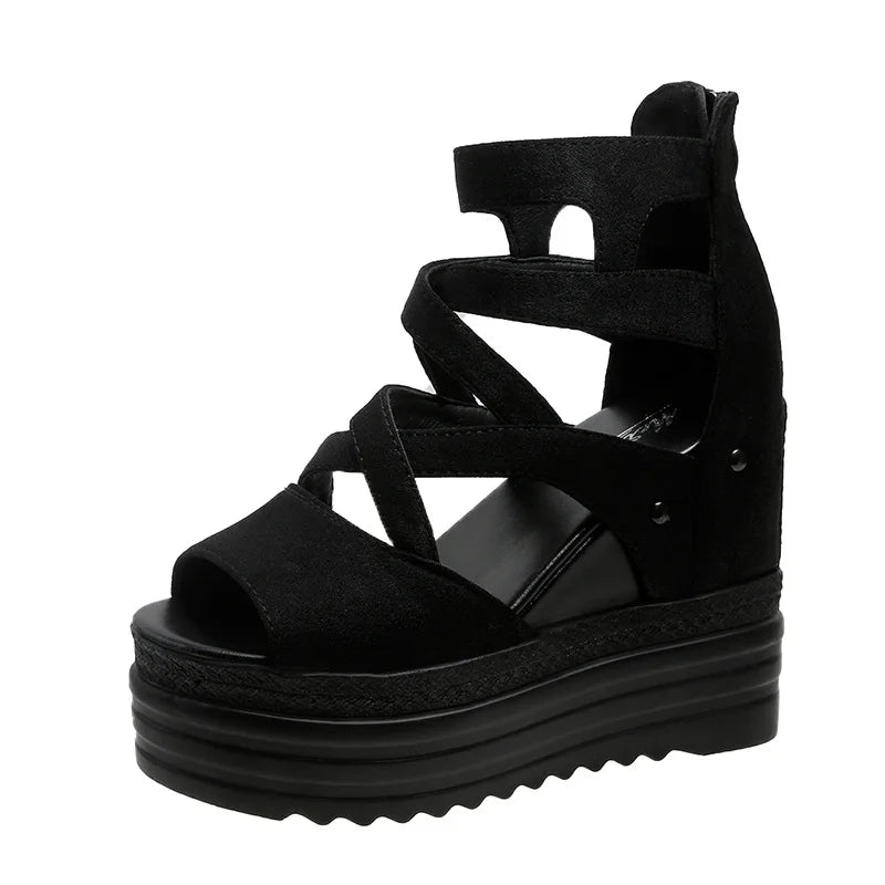 Women’s Summer Wedge Sandals – 12CM Platform Peep-Toe High Heels with Back Zipper