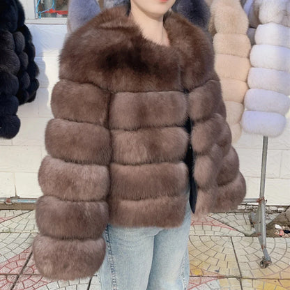 QUEENTINA Women’s Real Fox Fur Coat – Brown Leather & Skin Winter Fashion Outerwear 2025