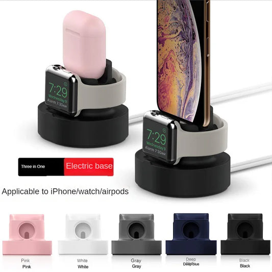 New Upgraded 2-in-1 Silicone Stand: Charging Base for Apple Watch, iPhone, and AirPods - Convenient Night Dock for iWatch