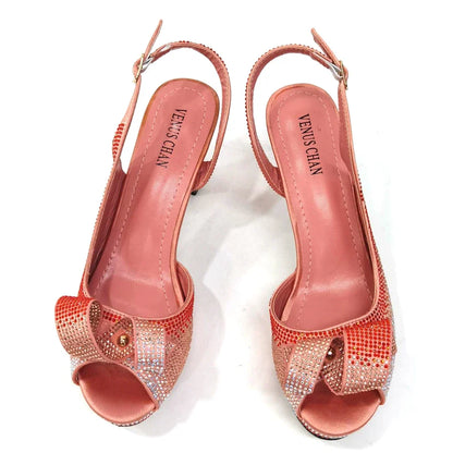 Venus Chan Women’s Rhinestone High Heels & Bag Set - Elegant Peach INS Style African Fashion Design