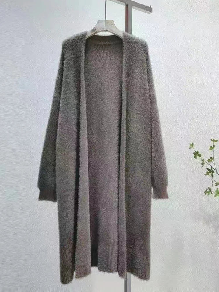 Autumn/Winter Women’s Lazy Style Knee-Length Cardigan – Thickened Imitation Mink Fleece Knitted Sweater, Warm Coat