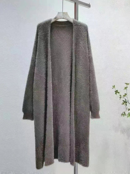 Autumn/Winter Women’s Lazy Style Knee-Length Cardigan – Thickened Imitation Mink Fleece Knitted Sweater, Warm Coat
