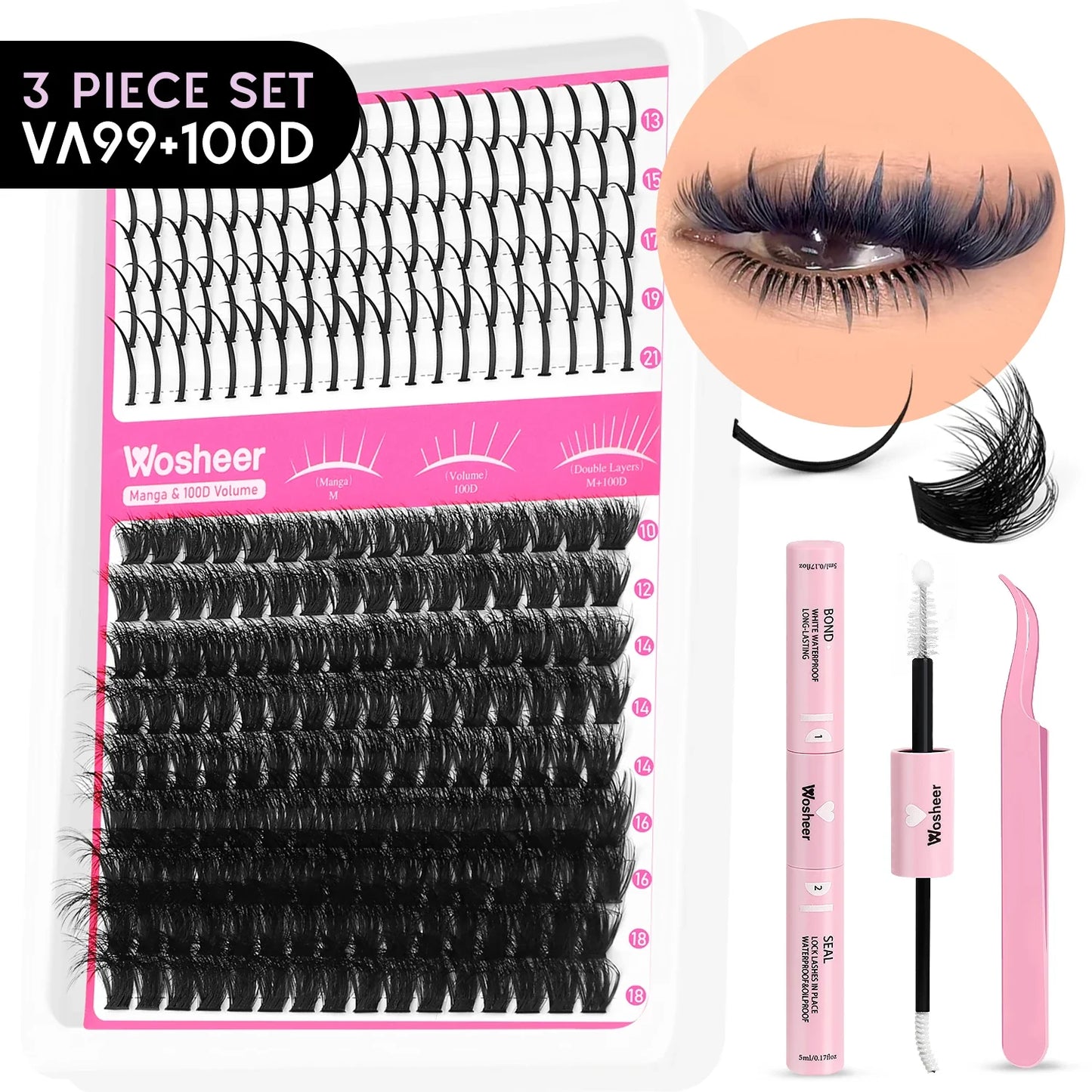WOSHEER Lash Clusters Kit – Spiky Volume Individual Eyelash Extensions DIY Manga-Style Faux Mink Cluster Lashes