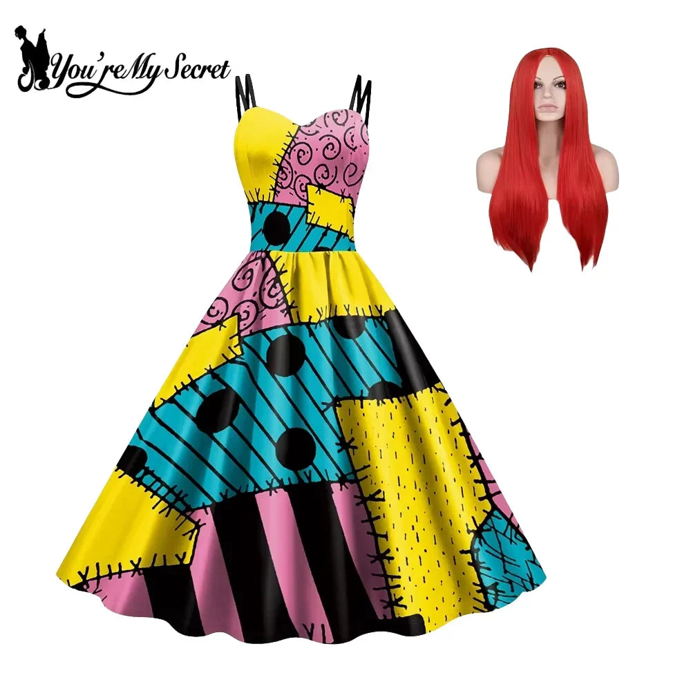 Sally Halloween Cosplay Dress Set - Long Sleeve Party Costume with Wig & Socks