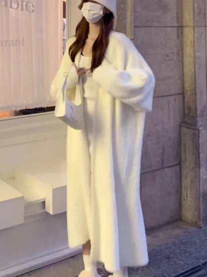 Autumn/Winter Lazy Style Warm Knee-Length Cardigan – Thickened Imitation Mink Fleece Knitted Sweater, Women’s Warm Coat