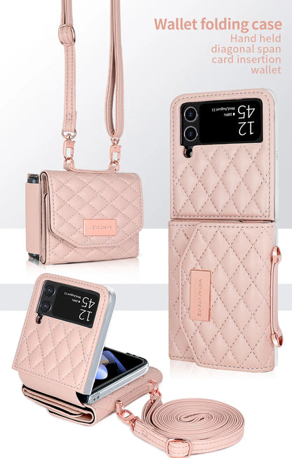VIETAO Leather Wallet Phone Case with Crossbody Strap — Pink Purse Case for Samsung Galaxy Z Flip 3/4/5/6/7