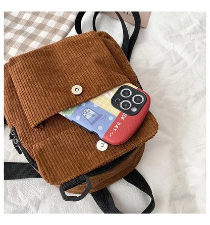 Women's Mini Backpack - Fashionable Solid Color Corduroy Casual Schoolbag with Large Capacity