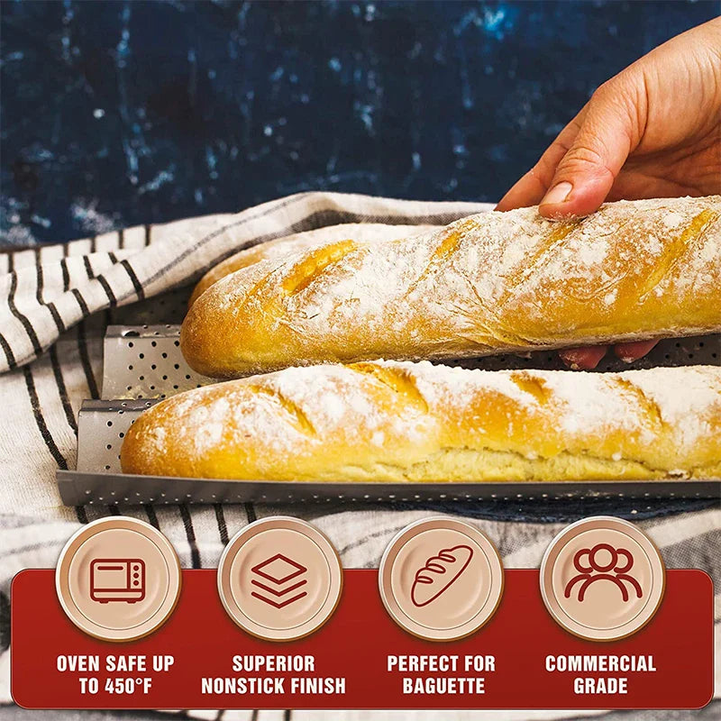 LMETJMA Nonstick Perforated French Bread Baking Pan - Carbon Steel Baguette Pan for 4 Wave Loaves, Loaf Bake Mold JT158