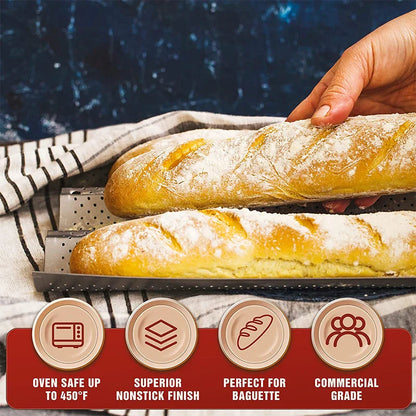 LMETJMA Nonstick Perforated French Bread Baking Pan - Carbon Steel Baguette Pan for 4 Wave Loaves, Loaf Bake Mold JT158