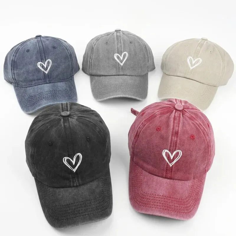 Peach Heart Embroidery Baseball Cap – Washed Soft Top Spring Summer Hat for Men & Women, Unisex Trendy Casual Cap