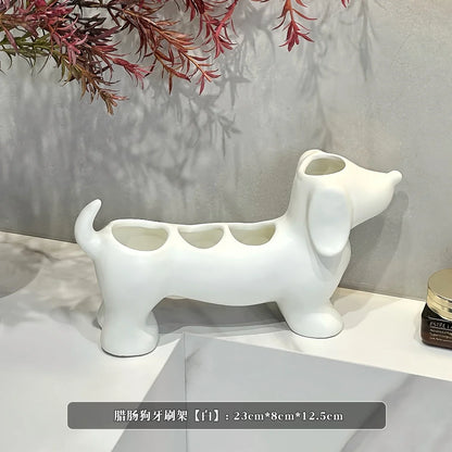 Dachshund Ceramic Toothbrush Holder – Electric Toothbrush Storage Rack and Bathroom Sink Organizer with Toothpaste Holder