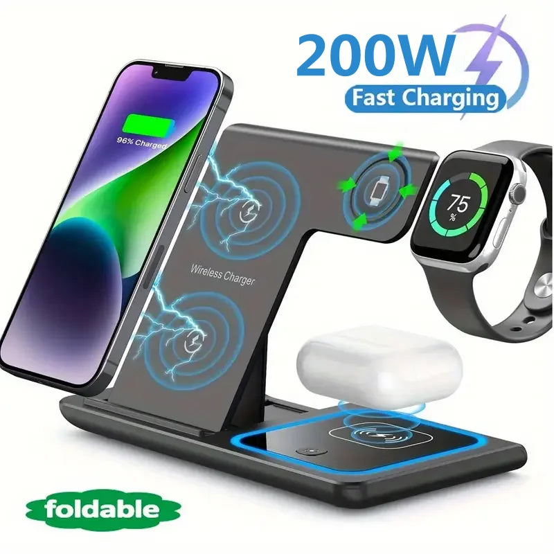 200W 3-in-1 Wireless Charging Stand – Foldable Fast Charging Dock for iPhone 16-8, Apple Watch & AirPods