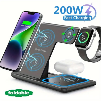 200W 3-in-1 Wireless Charging Stand – Foldable Fast Charging Dock for iPhone 16-8, Apple Watch & AirPods