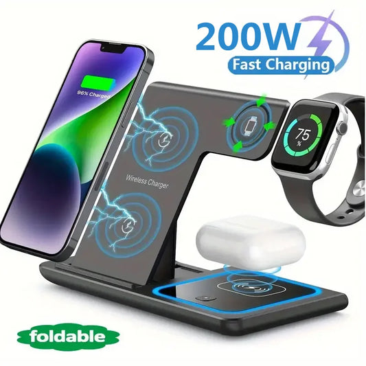 200W 3-in-1 Wireless Charging Stand – Foldable Fast Charging Dock for iPhone 16-8, Apple Watch & AirPods