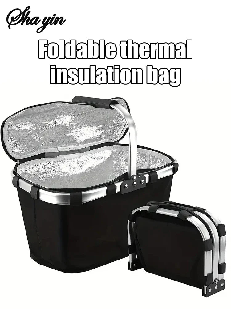 Folding Insulated Meal & Shopping Basket — Portable Handheld Cooler Bag for Outdoor Lunch, Ice Pack, and Food Delivery