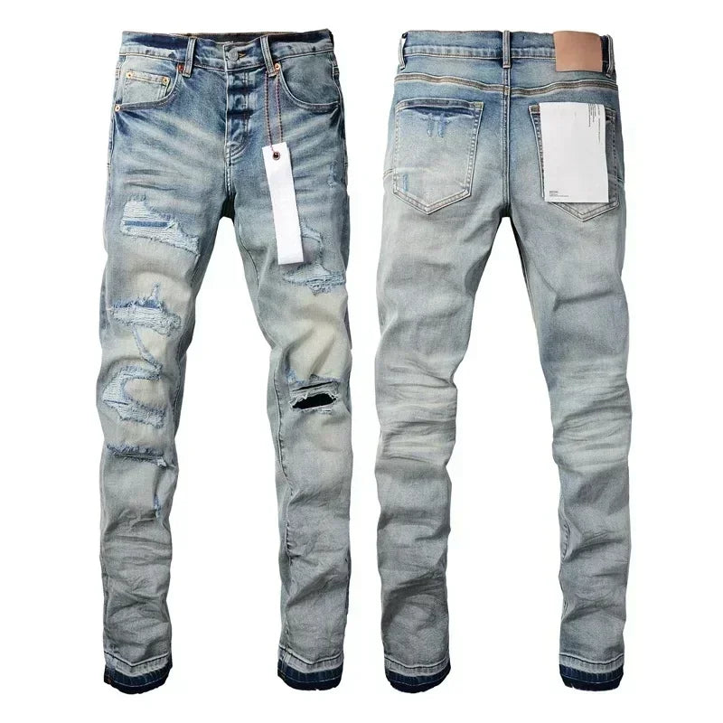 2025 Men’s High Street Ripped Skinny Jeans — Low Rise Blue Distressed Denim Fashion Repair Trousers 9003