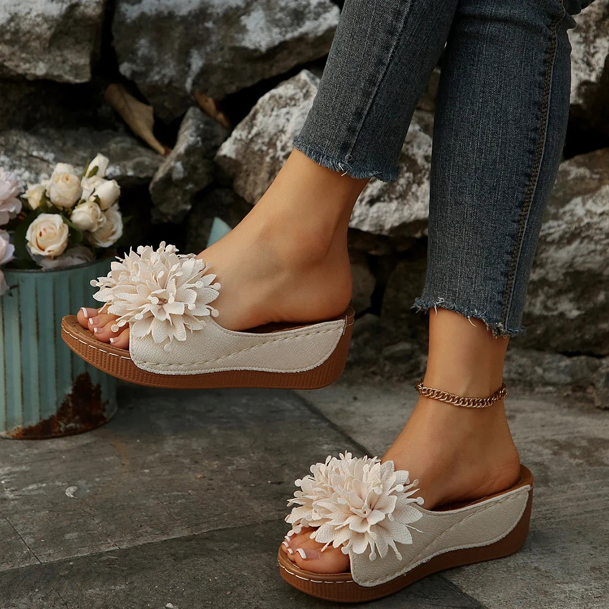 Women's Flower Wedge Sandals - Breathable Open-Toe Slip-On Summer Shoes
