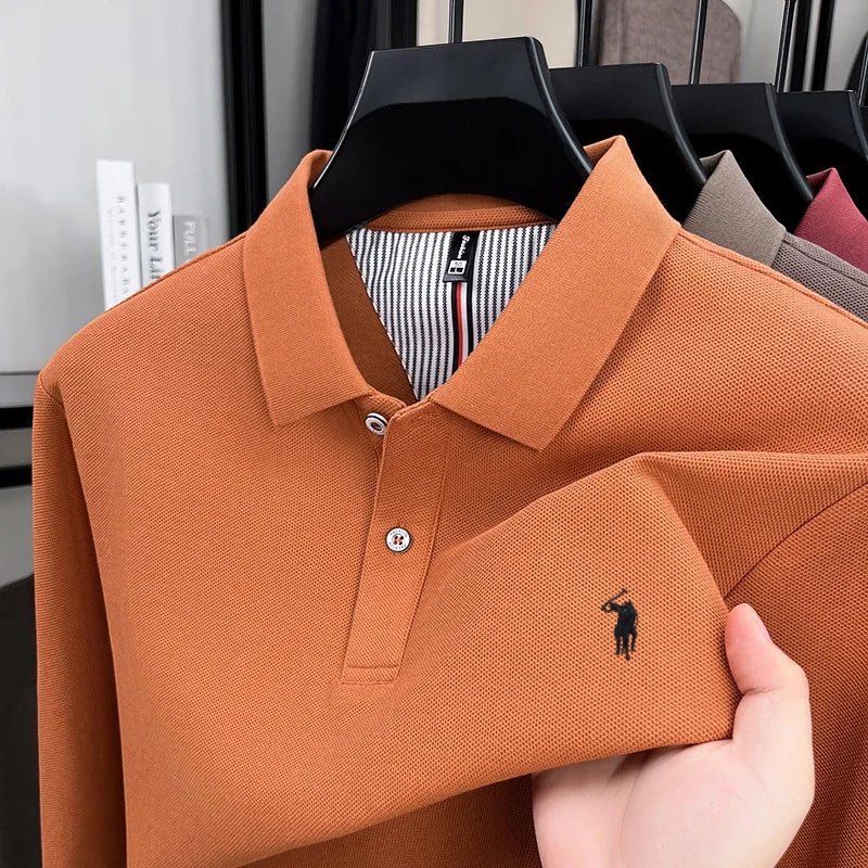Men's 100% Cotton Long Sleeve Polo Shirt - Embroidered Business Casual Fashion Polo