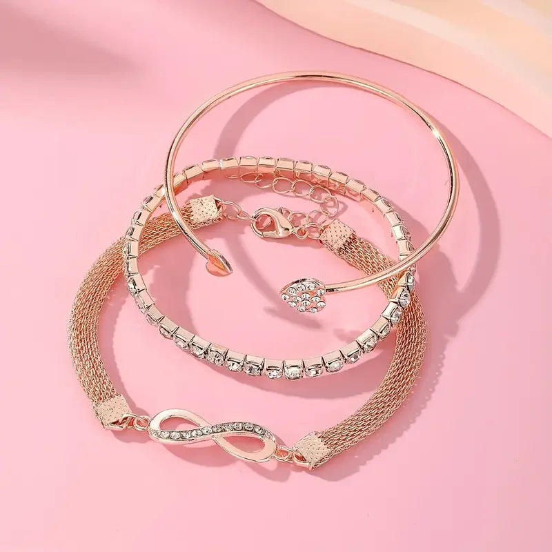 3PCS Vintage Crystal Rhinestone Heart Bracelet Set – Adjustable Infinity Cuff Bangles for Women Fashion Jewelry Gift