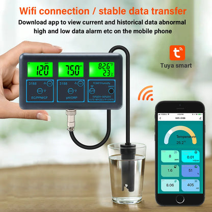 WiFi PH Meter & Water Tester – Temp, TDS, EC, ORP Smart Monitor for Aquariums, Hydroponics, Swimming Pools, Tuya APP Control