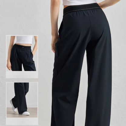 Women’s Summer Sports Yoga Pants – Wide Leg, Elastic Waist, Quick-Dry Black Fitness Trousers