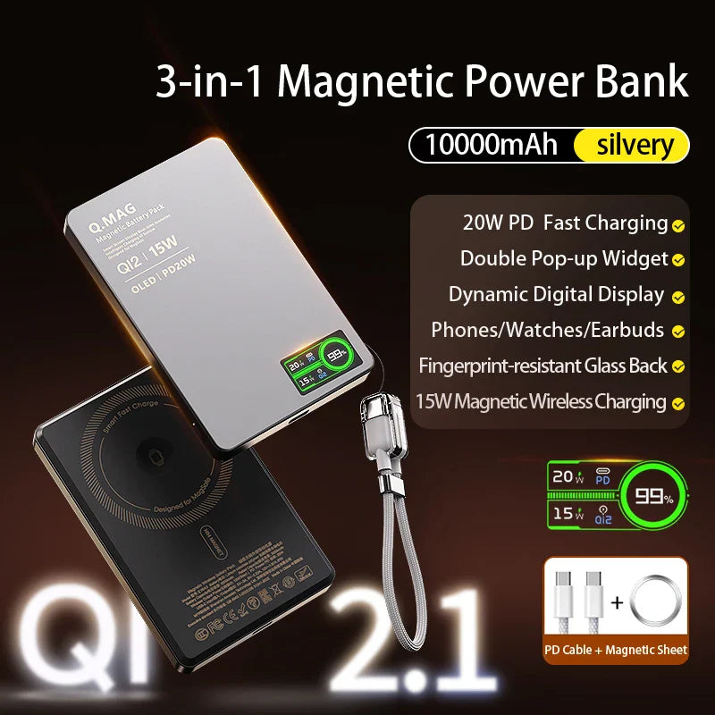 Qi 2.1 Magnetic Wireless Power Bank – 5000/10000mAh Fast Charging Portable External Battery for iPhone 12–17 Pro, Apple Watch & AirPods