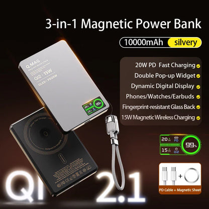 Qi 2.1 Magnetic Wireless Power Bank – 5000/10000mAh Fast Charging Portable External Battery for iPhone 12–17 Pro, Apple Watch & AirPods