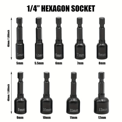 9Pcs Metric Nut Driver Set – 1/4” Hex Socket Drill Bits & Chuck Adapter Set for Electronics & Precision Tool Work