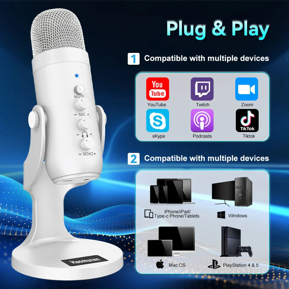 Haomuren Professional USB Condenser Microphone – White Studio Recording Mic for PC, Phone & Streaming