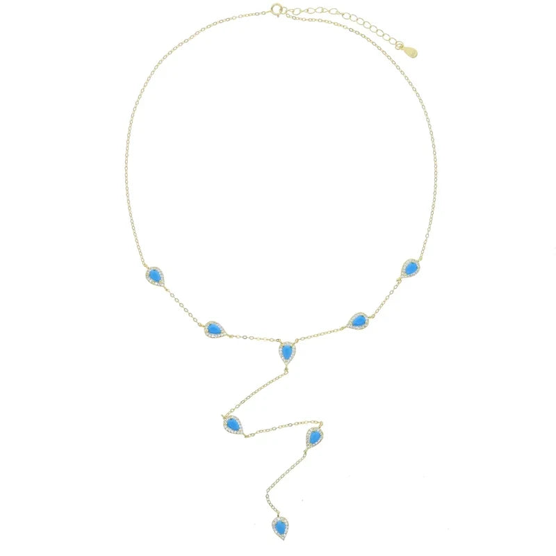 2023 Gold Plated Y Lariat Necklace - Colorful CZ Teardrop Pendant Geometric Jewelry for Women